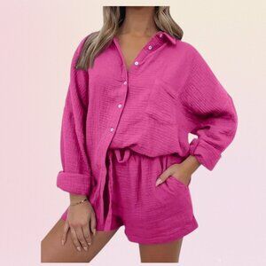 Automet Linen-Style Top & Shorts Set – Hot Pink (L)